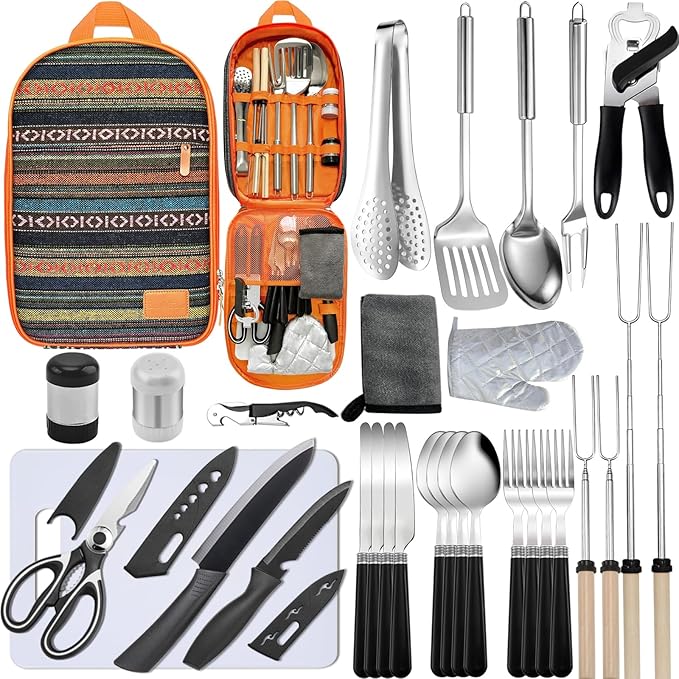 Camping Cooking Utensils Set - Camping Utensil Set Car Camping Cooking Essentials Gear for Camp Kitchen Cooking and Grilling, Stainless Steel & Silicone Ideal Gift for RV Tent Camper