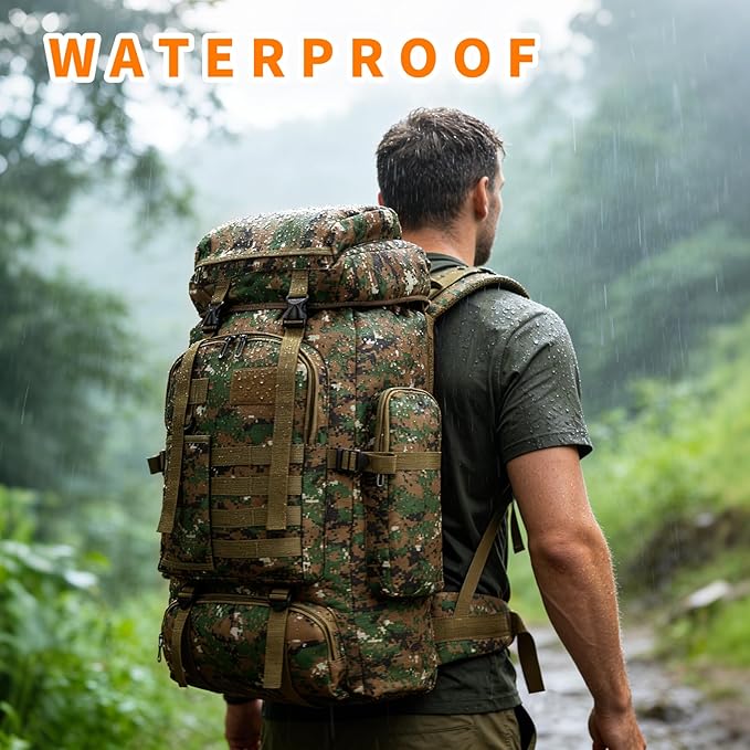 Hiking Backpack Tactical Backpack for Men Women, 80L Military Backpack Rucksack Waterproof Large Travel Camping Backpack for Men, Molle Rucksack Outdoor Sport Travel Daypack (Woodland Camo)