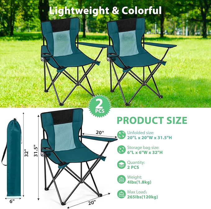 Shellwei 2 PCS Folding Camping Chair with Cupholder and Carry Bag Regular Size Colorful Breathable Portable Lightweight Lawn Chair with Side Pocket for Fishing Hiking Beach Outdoor Activity