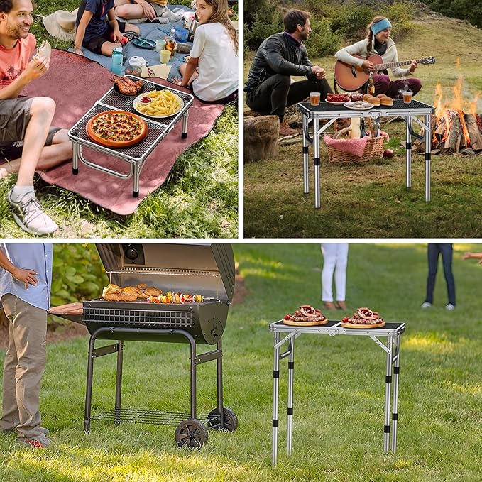 2ft Folding Grill Table, Adjustable Height Max 27.5" Aluminum Camping Table, Heat-Resistant Tabletop, Lightweight, Portable Handle for Travel Cooking BBQ Picnic, 22.8" x 16", Silver