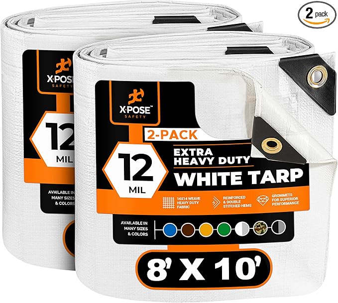 Heavy Duty White Poly Tarp 8' X 10' (2-Pack) - Multipurpose Protective Cover - Durable, Waterproof, Weather Proof, Rip and Tear Resistant - Extra Thick 12 Mil Polyethylene - by Xpose Safety