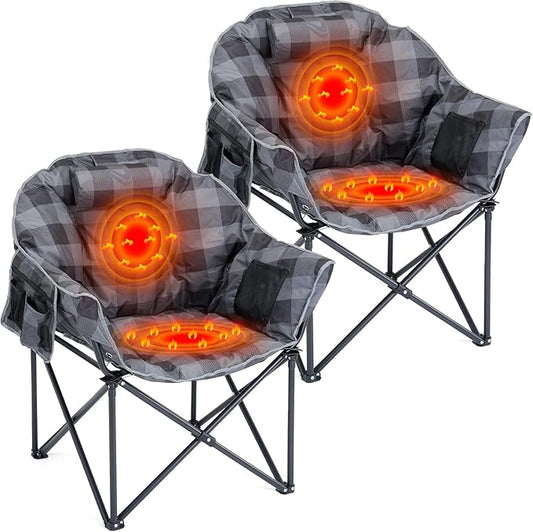 Oversized Heated Camping Chair, 3 Heating Levels Portable Folding Camp Chairs with Pillow and Storage Bag, Outdoor Heated Moon Chair for Camping Lawn Patio Beach and Picnics, Gray Grid