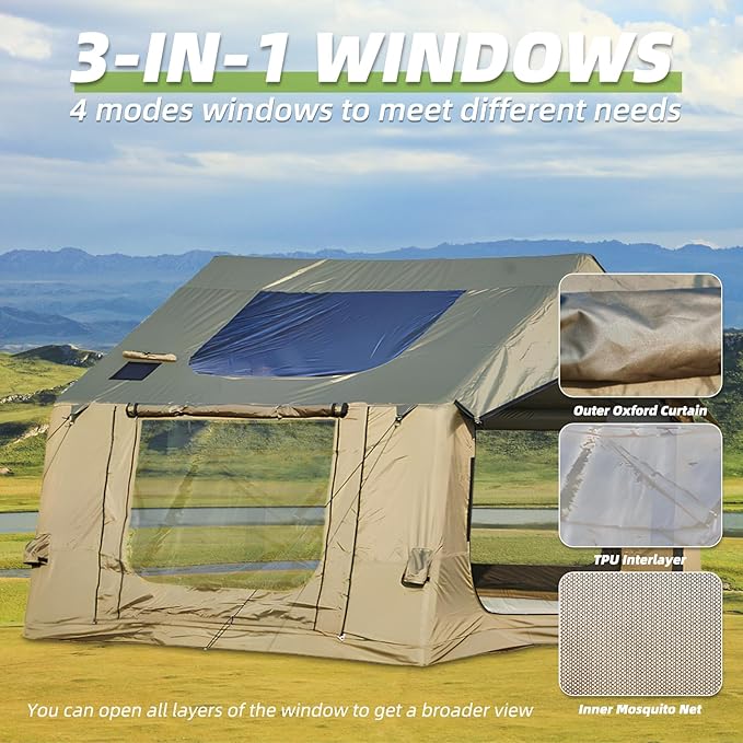 EROMMY 4/6/8/12 Person Inflatable Tent with Skylight, 4 Season Blow Up Tents with Hand Pump for Outdoor Camping & Hiking, Easy Set-up Windproof Sunproof Waterproof