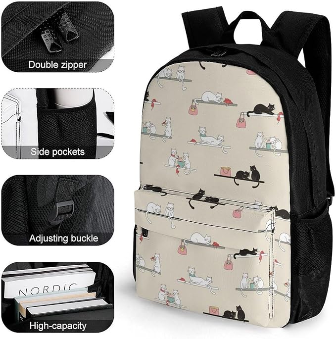 Men Women Polyester Cute Black And White Cat Daypack Backpack Large Capacity Carry On Bag With Smooth Zippers for Hiking Picnic Walking Cycling