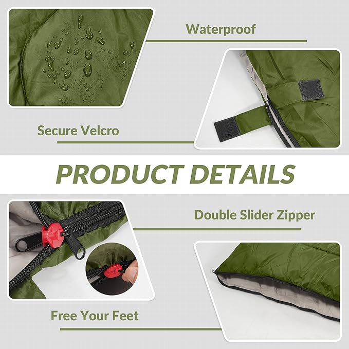 Elevon Double Sleeping Bag 2 Pillows for Adults, Queen Size XL Sleeping Bag Waterproof, Compact with Compression Sack, 2 Person Sleeping Bags Cold Warm Weather- 3 Seasons, Backpacking, Hiking, Travel