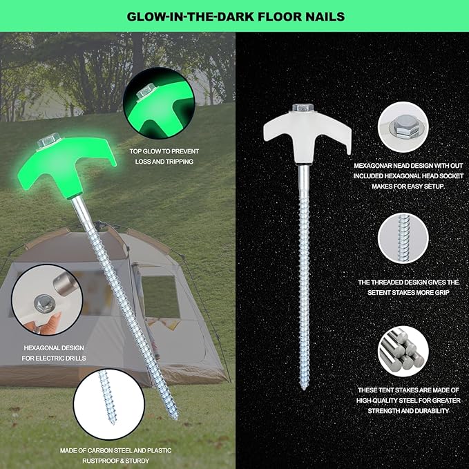 10PCS Camping Tent Stakes - Heavy Duty, 8 Inch Screw in, Nightglow Metal, with Hex Head Driver, Nail Lifter, Ropes, White