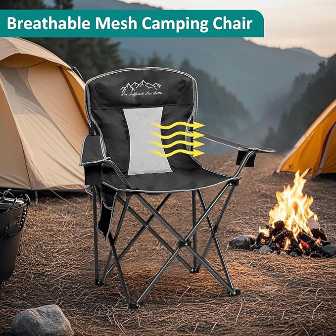 Outdoor Folding Camping Chair with Cup Holder, Storage Bag, Large Anti-Sink Feet, 325lbs Capacity, Breathable Mesh Portable Chair for Camping, Beach, Fishing, Sports, Black 2Pack