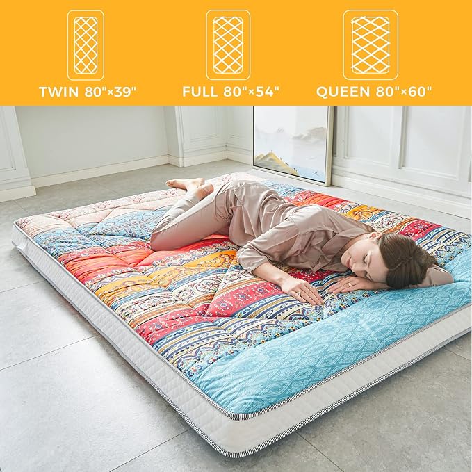 Japanese Floor Mattress Futon - Thicken Foldable & Portable Roll-up Camping Mattress, Bohemia Red Full