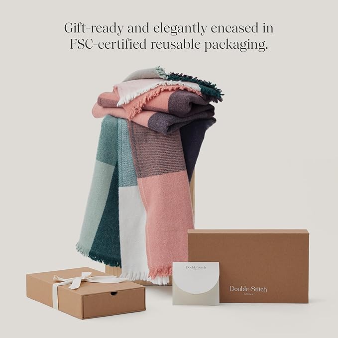 Double Stitch Alpaca Wool Throw Blanket - Warm, Soft Blanket for Couch, Luxury & Decorative Fleece Throw, Fall Plaid, Gift for Mother's Day, House Warming, 50" x 60", Sunset Glow