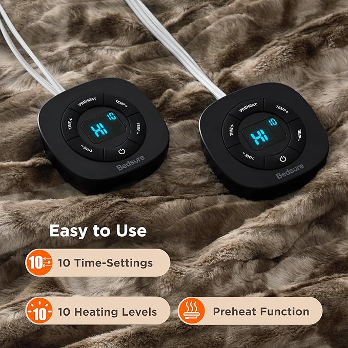 Bedsure Faux Fur Electric Blanket Queen Size, Dual Control Heated Blanket Queen, Fast Heating Blanket with 10 Heating Levels & 10 Time Settings, Cozy Gifts for Women Men (84x90 inches, Dark Chocolate)