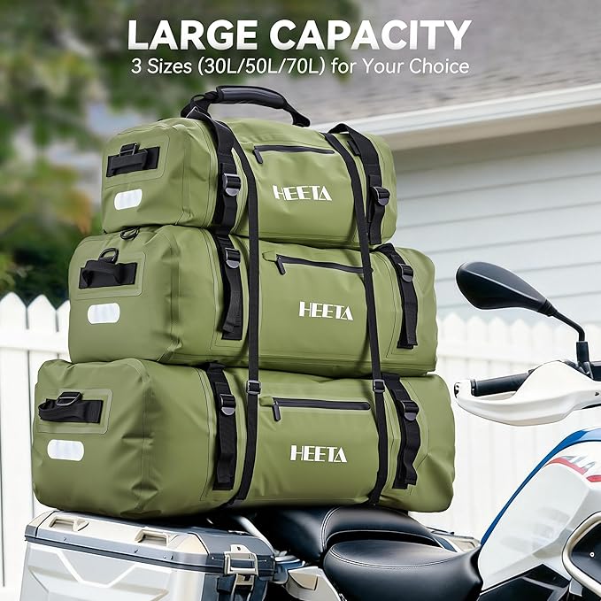 HEETA Waterproof Motorcycle Dry Bag, Waterproof Duffel Luggage Travel Bags with Zippered Closure & Pocket, Shoulder Straps, Large Space for Motorcycling Camping Commuting Boating (Green, 50L)