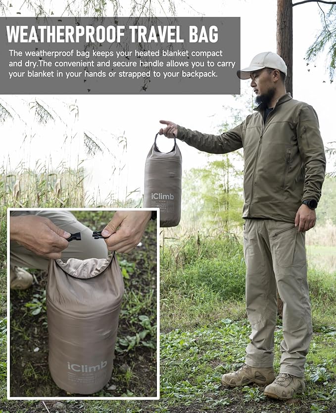 iClimb Heated Camping Blanket with Hood and Battery Pack (Khaki)