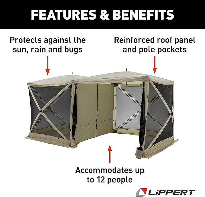 Lippert Picnic Popup Double Gazebo Tent for Camping, Patios and Easy Outdoor Shelter, 16' x 8' Breathable Mesh Screen Walls, 8-12 People, 128 Sq. Ft. Integrated Lantern Holders - 2022114836