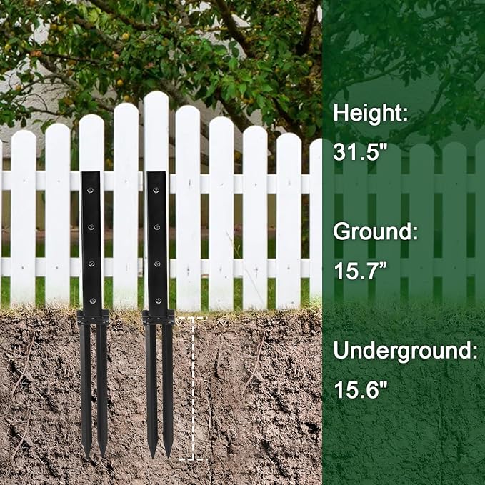 TOPZEA 2 Pack Fence Post Repair Kit, Heavy Duty Steel Stabilizer Stakes, Ground Anchors Spike to Fix Leaning/Tilted/Broken Wood Posts, Metal Support for Garden & Yard Fencing, Black