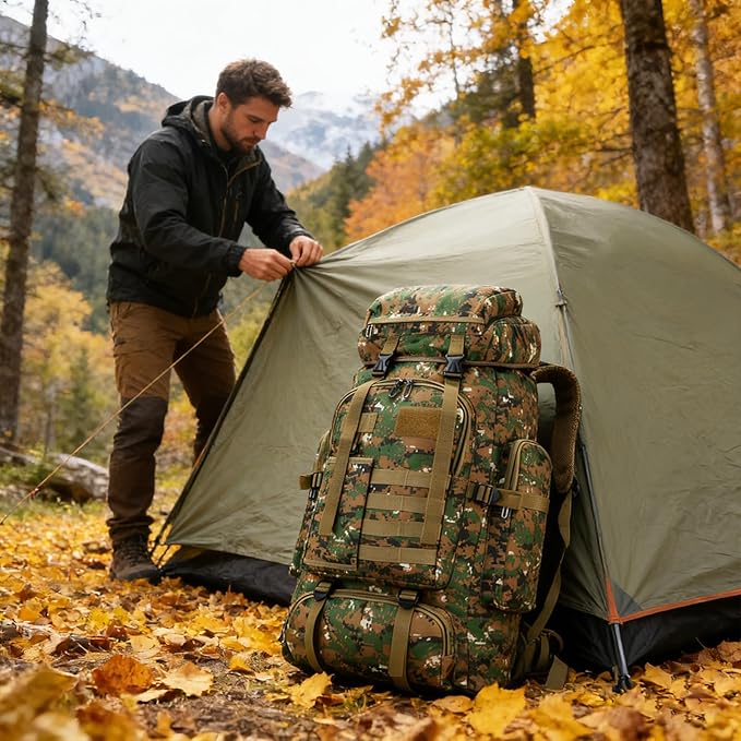 Hiking Backpack Tactical Backpack for Men Women, 80L Military Backpack Rucksack Waterproof Large Travel Camping Backpack for Men, Molle Rucksack Outdoor Sport Travel Daypack (Woodland Camo)