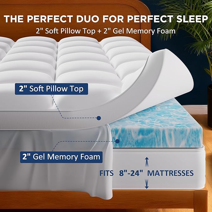 Twin Size Dual Layer 4 Inch Memory Foam Mattress Topper, 2 Inch Cooling Gel Memory Foam and 2 Inch Thick Soft Quilted Pillow Top Mattress Pad Cover, 8-24 Inch Deep Pocket for Back Pain