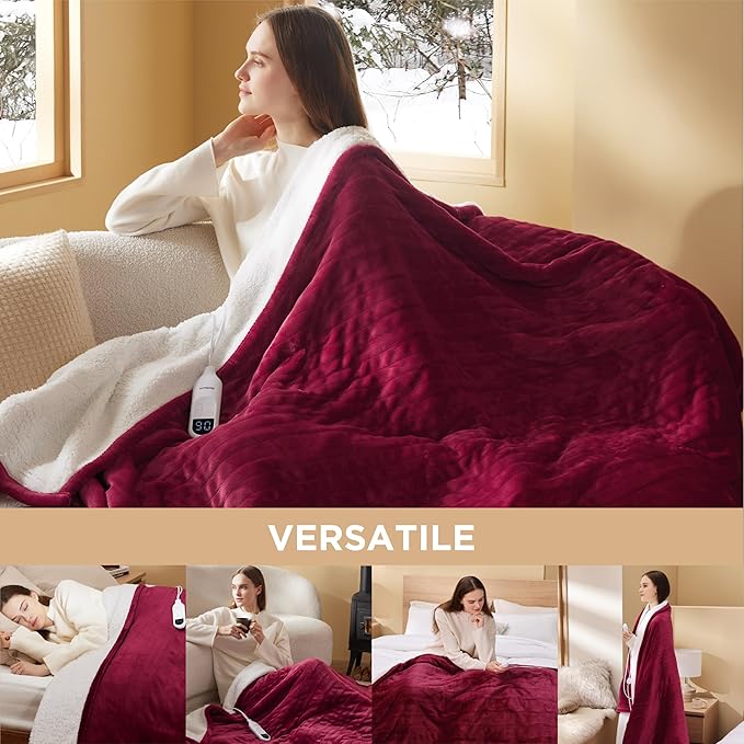 Bedsure Heated Blanket Throw Blanket - Fast Heating Electric Blanket, Soft Flannel Heated Throw with 4 Time Settings, 6 Heating Settings, Warm Gifts for Grandma (50x60 inches, Burgundy)