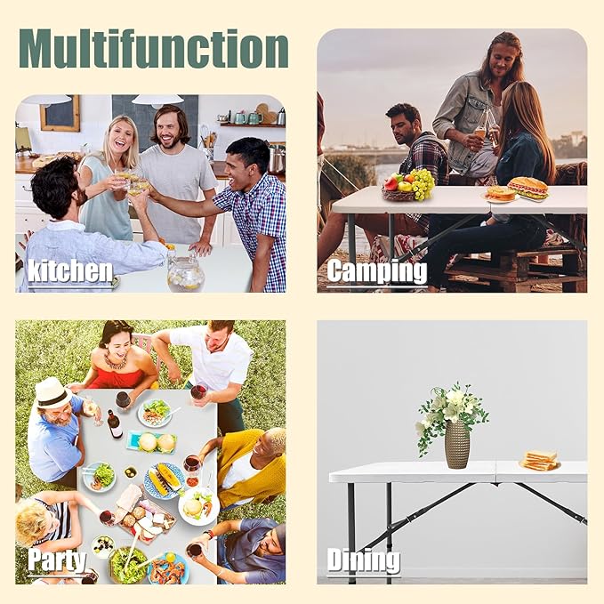 4ft Folding Table, Fold-in-Half Portable Heavy Duty Utility Outdoor Dining Card Table with Handle, Steel Legs Indoor Outdoor Use for Camping Picnic Events Party Card Games, White