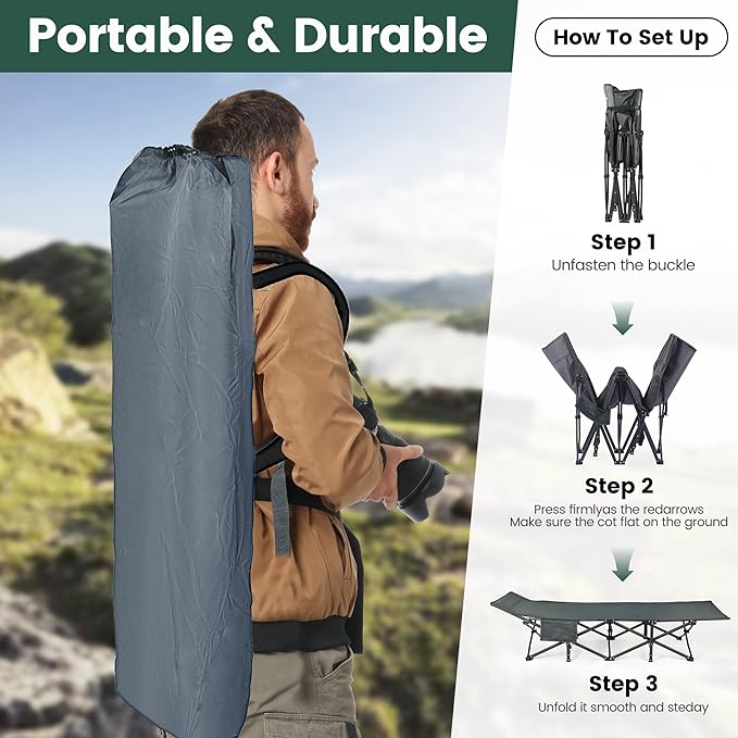 Oversized XXL Folding Camping Cot W/Mattress, 75" L x 27.5" W x 14" H, Heavy Duty Portable Cot for Adults with Carry Bag – Durable 1200D Oxford Fabric for Camping, Travel, Home, or Office