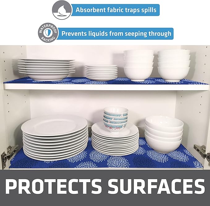 Drymate Premium Luxury Shelf & Drawer Liner, Thick Cushioned Fabric, Non-Adhesive, Absorbent, Waterproof, Slip-Resistant, Liners for Kitchen Cabinets, Cupboards (USA Made)(12”x59”)(2-Pack)(GoodBlue)