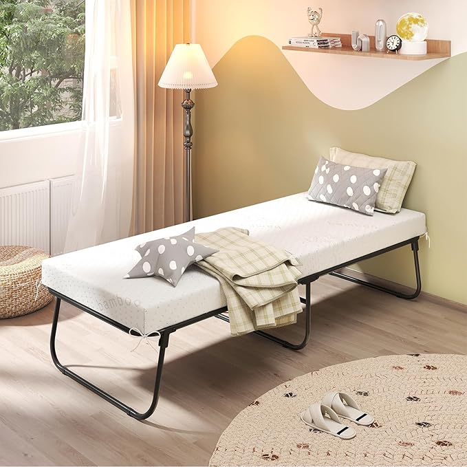 Giantex Folding Bed with Mattress, 75" x 31" Rollaway Guest Bed with Memory Foam & Heavy-Duty Metal Frame, Space-Saving Fold up Beds, Cot Size Portable Roll Away Beds for Adults
