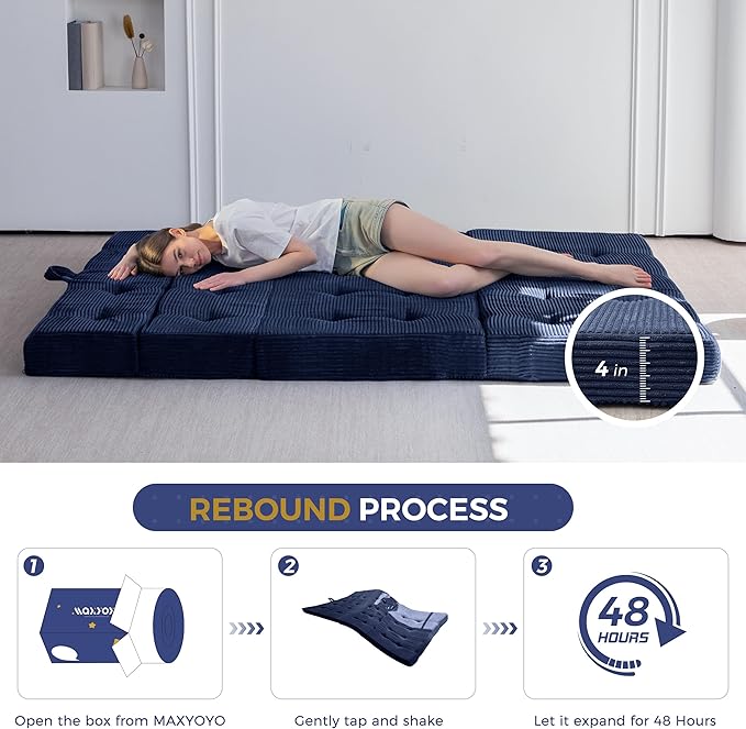 MAXYOYO Folding Mattress, 4 Inch Tufted Foldable Mattress Full Foam Bed, Tri-Fold Floor Couch with Handles Guest Bed Topper Portable Camping Mat with Corded Fabric, Full Size, Navy
