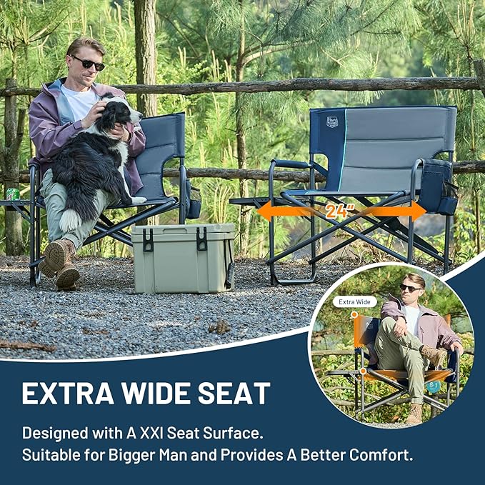 TIMBER RIDGE XXL Director’s Chair – Heavy Duty Folding Chair with Side Table, 500 lb Capacity, Extra Wide Padded Seat for Camping, Sports, Beach, Patio, and Outdoor Use, Blue-2 Pack