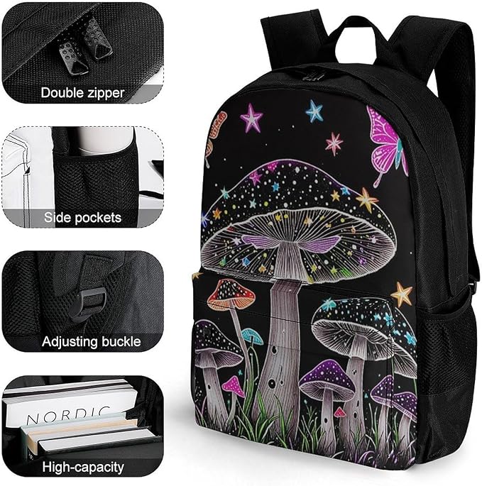 Men Women Polyester Trippy Mushroom Butterflies Glowing Psychedelic Art Daypack Big Capacity Shoulder Bag With Adjustable Shoulder Straps for Camping Travel Walking Cycling