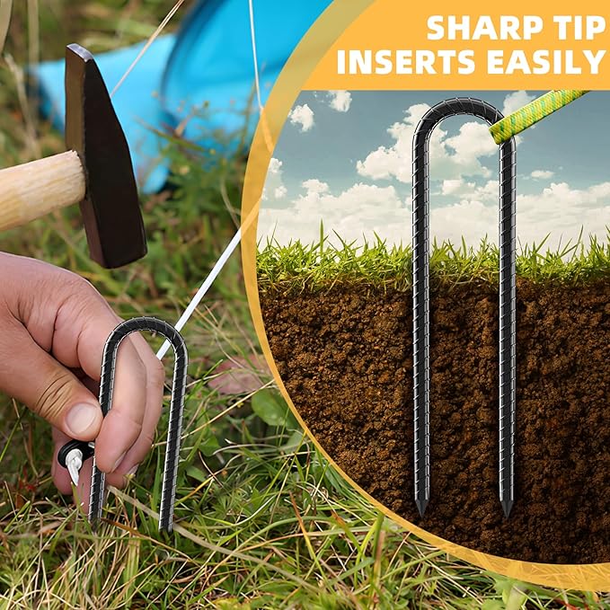 12inch Rebar Stakes, 8 Pack U Hook Ground Anchors, Heavy Duty Rust Proof Coated Steel Ground Stakes Ground Anchors, Garden Stake Metal Stake Tent Stake Trampoline Anchors Trampoline (Black)