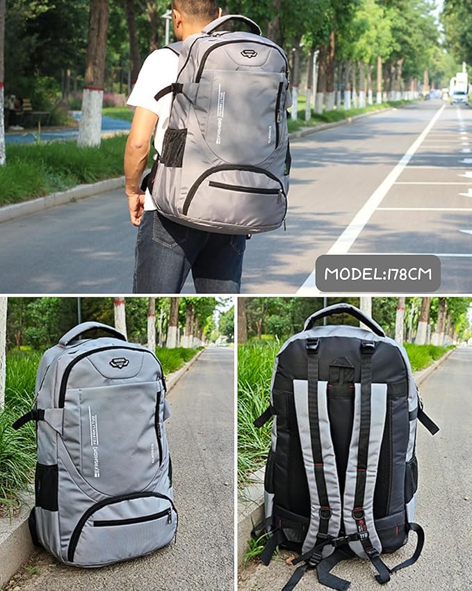 80L Large Travel Backpack for Men & Women, Lightweight Water-Resistant Hiking Backpack with Shoe Compartment, Foldable Daypack Rucksack for Travel Camping College Grey