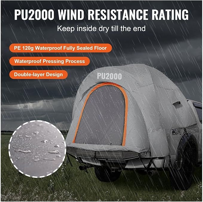 Truck Bed Tent, 6.4'-6.7' Pickup Truck Tent with Rain Layer and Carry Bag, Waterproof PU2000mm Double Layer Truck Tent, Accommodate 2-3 Person, for Camping Traveling Outdoor Activities