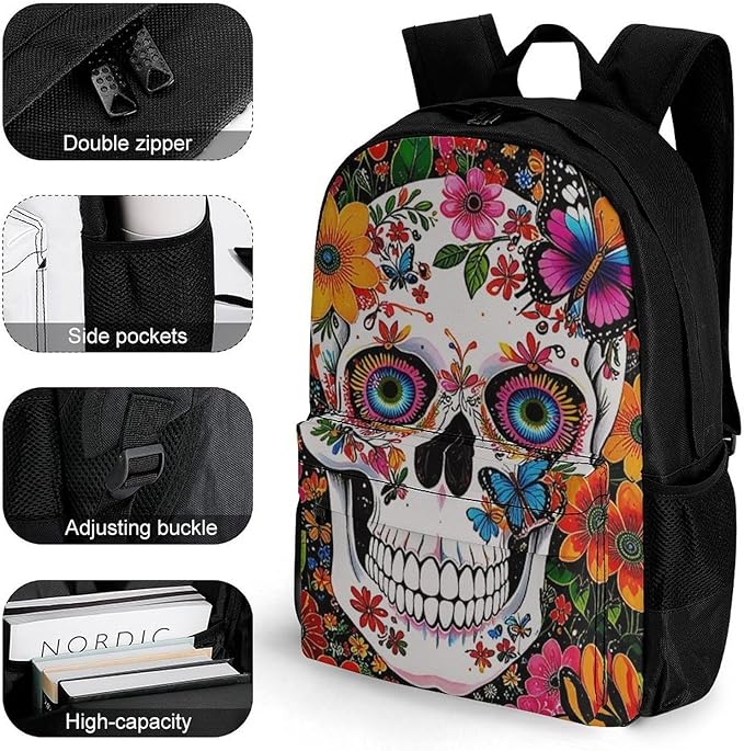 Supdreamc Polyester Daypack Backpack for Climbing Outdoors Running, Big Capacity Multipurpose Anti-Theft Bookbag, Magical Skull Flowers Art Travel Hiking Camping Rucksack