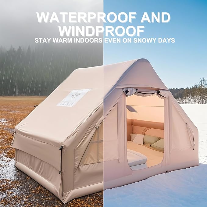 Inflatable Tent, Outdoor Easy Setup Inflatable Tents for Camping, Portable Blow Up Tent with Stove Jack, Cotton Canvas Material for Glamping, for 4 Season, 4/6/8/10 Person Use