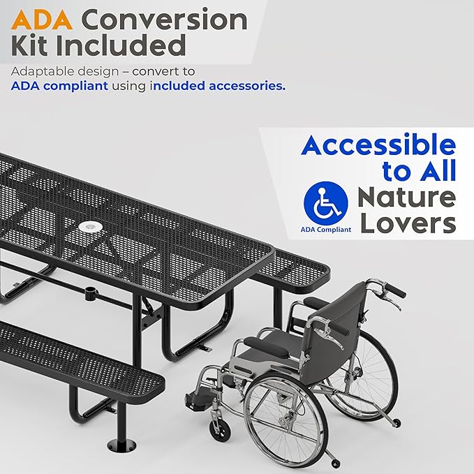 Metal Picnic Furniture for Outdoors with Umbrella Hole - Coated Steel Heavy Duty Commercial Grade Table with Adjustable Seats, Patio Set for a Lifetime (Black, 8' Rectangular)