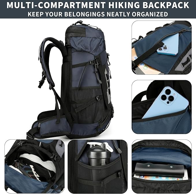 75L Hiking Backpack with Rain Cover Waterproof Camping Backpack Shoes Warehouse for Men Women, Frameless
