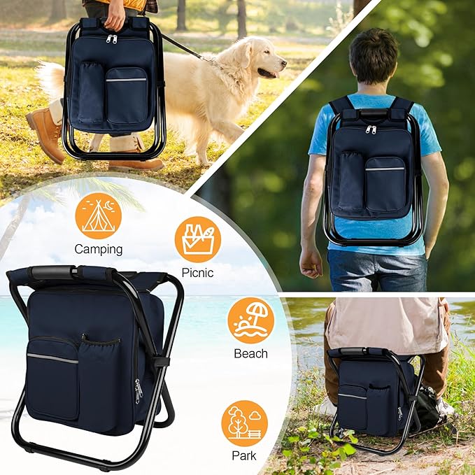Kikerike Backpack Stool Cooler Chair Heavy Duty 300 LBS Max Load Portable Lightweight Stool Backpack Folding Fishing Cooler Seat for Camping Hunting Fishing - Navy Blue