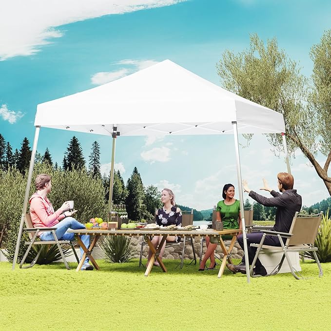 10x10 Pop Up Canopy, 300D Silver Coated White Fabric Outdoor Gazebo, Beach Tent Slant Legs with Storage Bag,Easy Up Sun Shade Shelter Tents with 8x8 Top Cover for Patio,Party