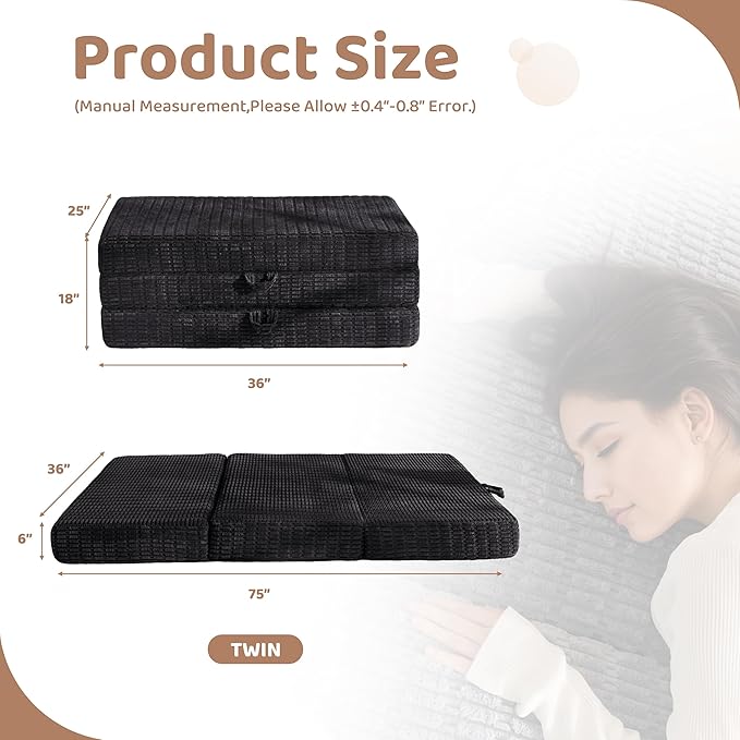 BYBYME Memory Foam Tri-Folding Mattress, 6 Inch Gel Folding Mattress Topper, Foldable Soft Guest Bed Camping Pad, with Washable Cover