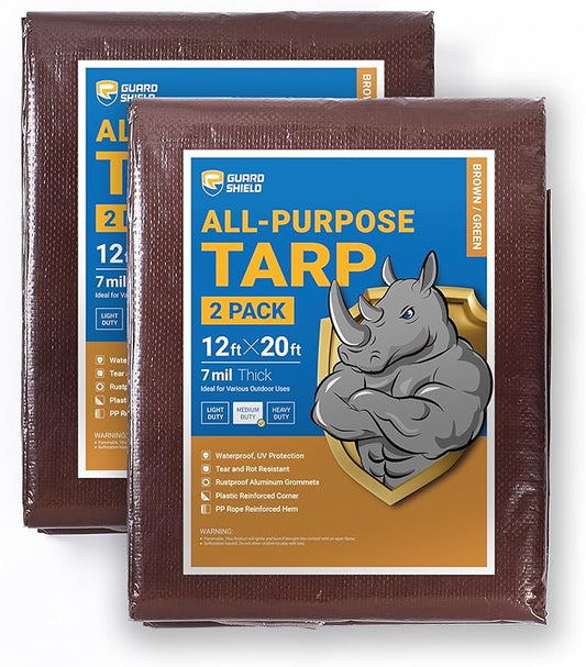 GUARD SHIELD Brown/Green Tarp 12x20 Feet Medium Duty Outdoor Waterproof Multi Purpose Poly Tarps Cover 7mil (2-Pack)