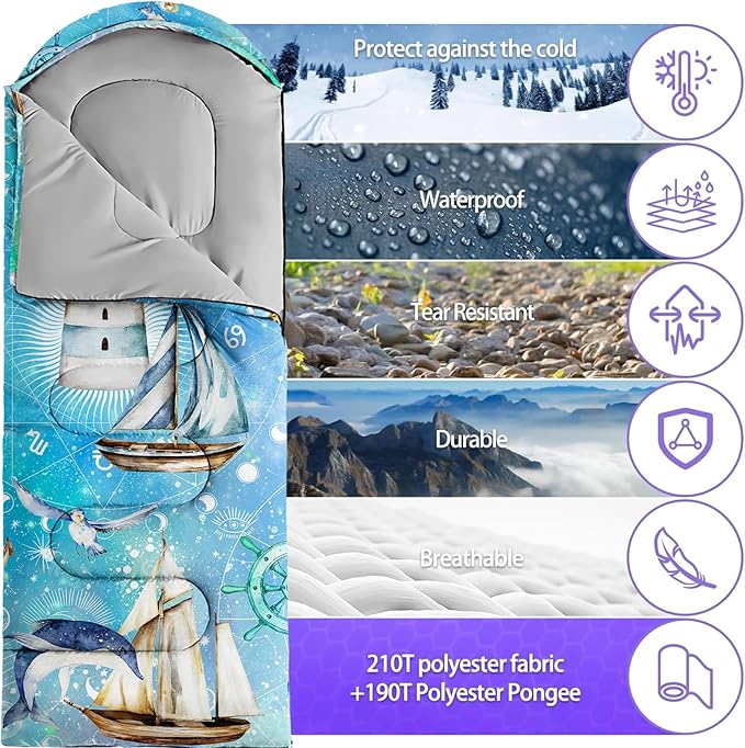 Sleeping Bags for Adults Youth Kids,3D Printing Camping Sleeping Bag for Girls Boys Lightweight Waterproof Cold/Warm Weather Sleeping Bag for 3 Seasons