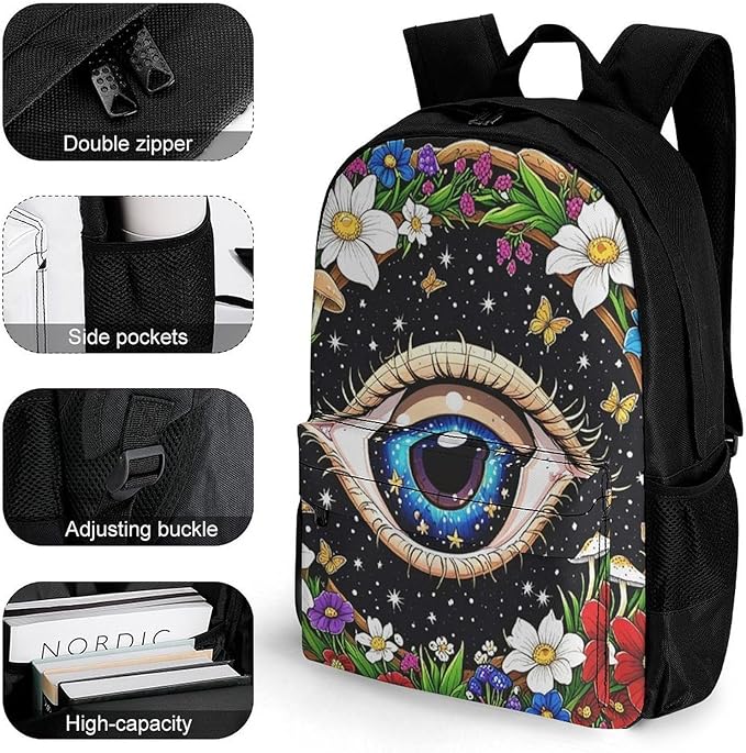 Supdreamc Men Women Lightweight Psychedelic Flower Eye Mushroom Trippy Art Casual Daypack Large Capacity Bookbag With Adjustable Shoulder Straps for Gym Business Bicycle