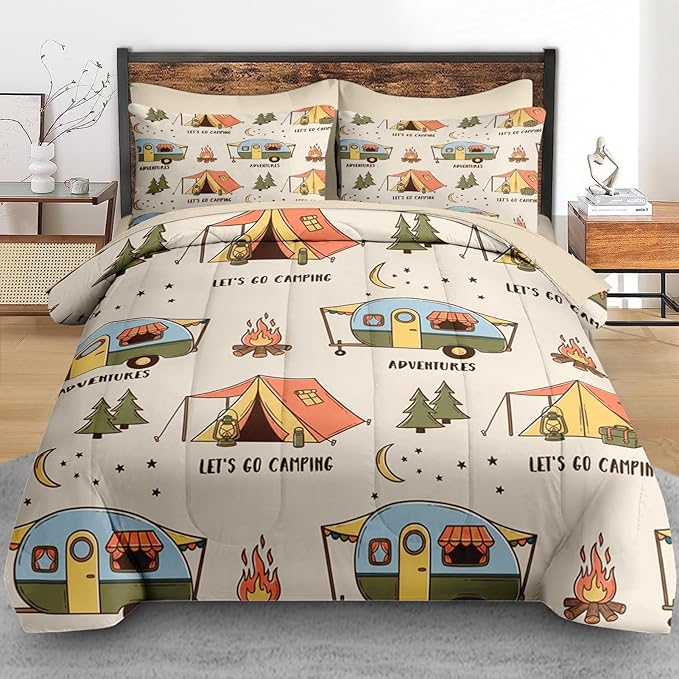 Comforter Set Queen Size, Summer Camp RV 7 Pcs Bedding for Kids and Adults, Camping Adventure Bed Sheet Sets with Fitted Sheet 2 Pillowcases & 2 Shams for Bedroom Bed Decor