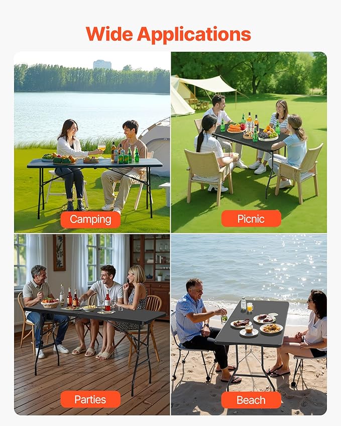 VEVOR Folding Table, 6 Ft Heavy Duty Portable Fold-in-Half Utility Table, Indoor Outdoor Plastic Rectangle Table with Built in Handle, for Party, Dining, Wedding, Events, Picnic, Camping, Black
