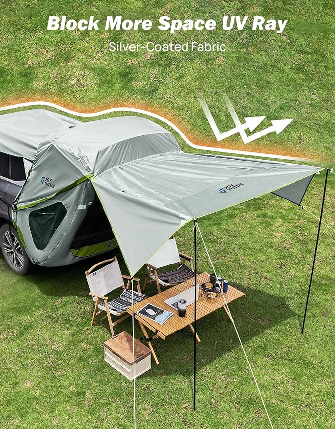 JOYTUTUS SUV Tailgate Tent with Three Sides Awning and Poles, Water Resistant SUV Camping Tent with Car Roof Cover, Tent Attaches to Car Truck, Universal Fit Most SUVs, Cars, Grey Green, Large