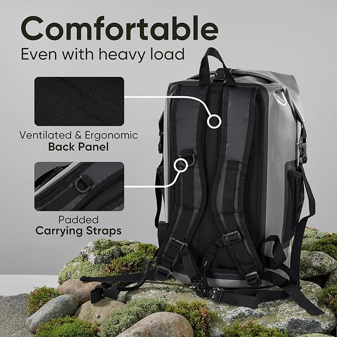 Dry Bag Waterproof Backpack 35L for Men & Women Roll-Top Hiking Backpack with IPX8 Waterproof Phone Case for Kayaking Boating Cushioned Padded Back Grey