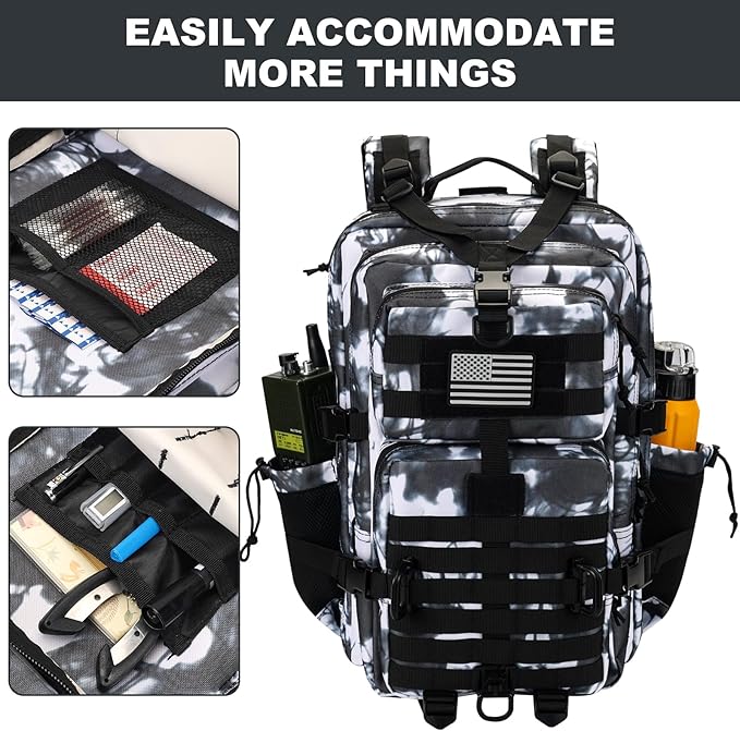 45L MOLLE Assault Pack, Tactical Backpack Military Army Camping Rucksack with Bottle Holder, 3-Day Pack Trip w/USA Flag Patch, D-Rings, White Camo