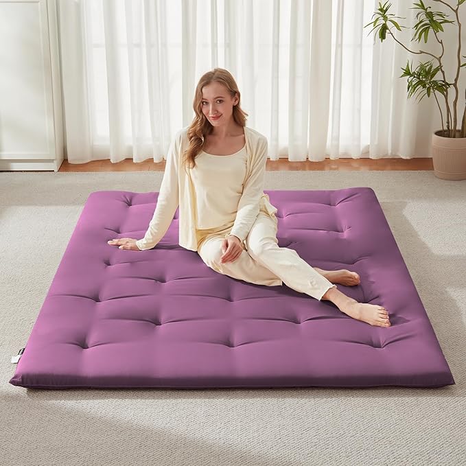 Japanese Floor Futon Mattress Full Size 54"x 80", Foldable Floor Bed Mattress, Portable Tatami Mat Sleeping Pad, Folding Futon Cushion, Roll Up Floor Lounger for Guest Room Dormitory (Purple)