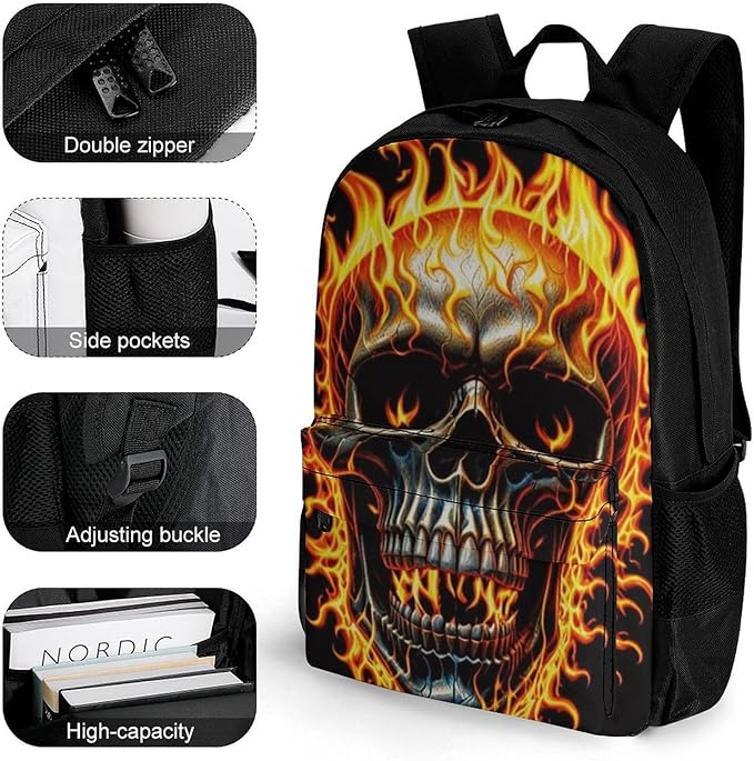 Backpack Polyester Anti-Theft Multipurpose Flaming Fire Skull Bookbag Large Capacity Laptop Book Bag Rucksack With Side Pockets