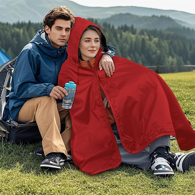 Fleece Waterproof Outdoor Blanket - Windproof Stadium Blanket for Camping, Picnics, and Sports Stay Dry and Comfortable 80"x 58"(Hoodeed, Red)
