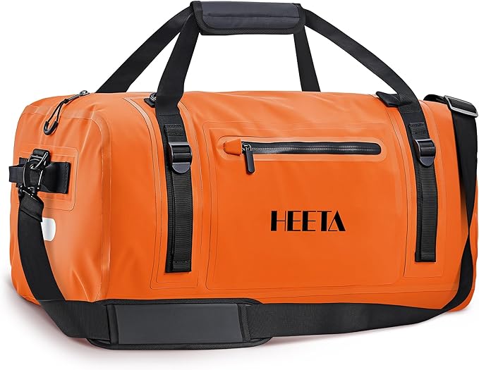 HEETA Waterproof Motorcycle Dry Bag, Waterproof Duffel Luggage Travel Bags with Zippered Closure & Pocket, Shoulder Straps, Large Space for Motorcycling Camping Commuting Boating (Orange, 50L)